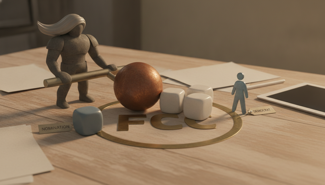 A gray figurine stands by a bronze sphere and white cubes on a wooden table with papers and a tablet.