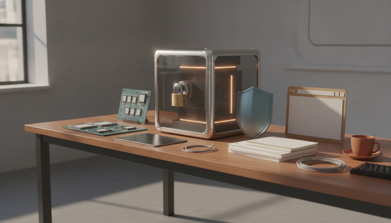 a wooden table holds a glowing locked cube, circuit boards, a shield icon, stacked papers, cables, a mug, and a small screen