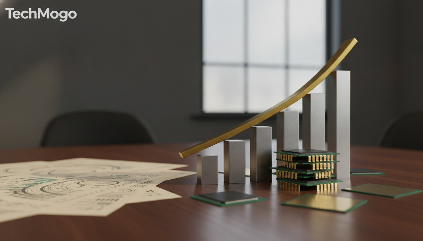 A wooden table holds papers, stacked circuit boards, and a rising row of metallic bars topped by a curved gold line.