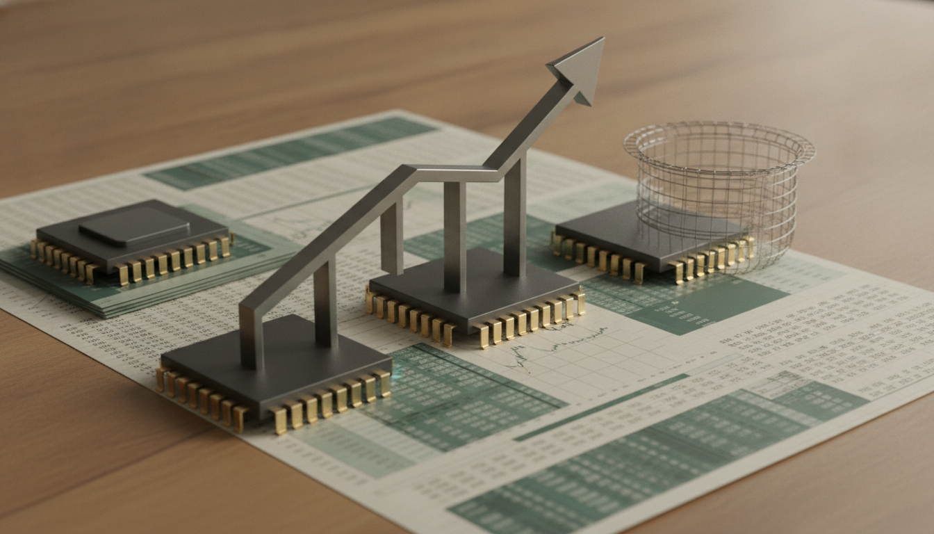 Three black chips on a paper with charts support a rising arrow beside a wire basket on a wooden surface.