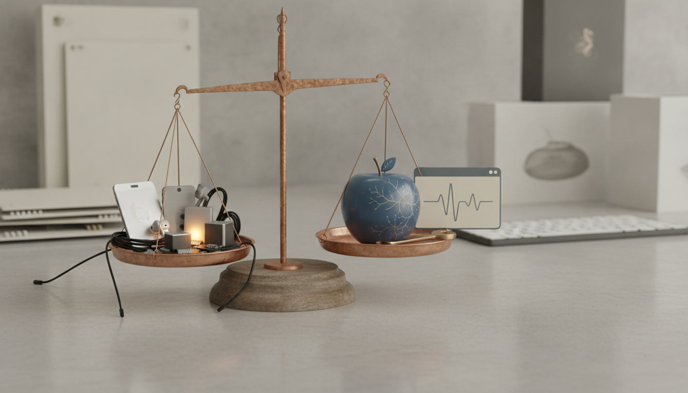 A balance scale holds electronics on one side and a blue apple with a chart display on the other.
