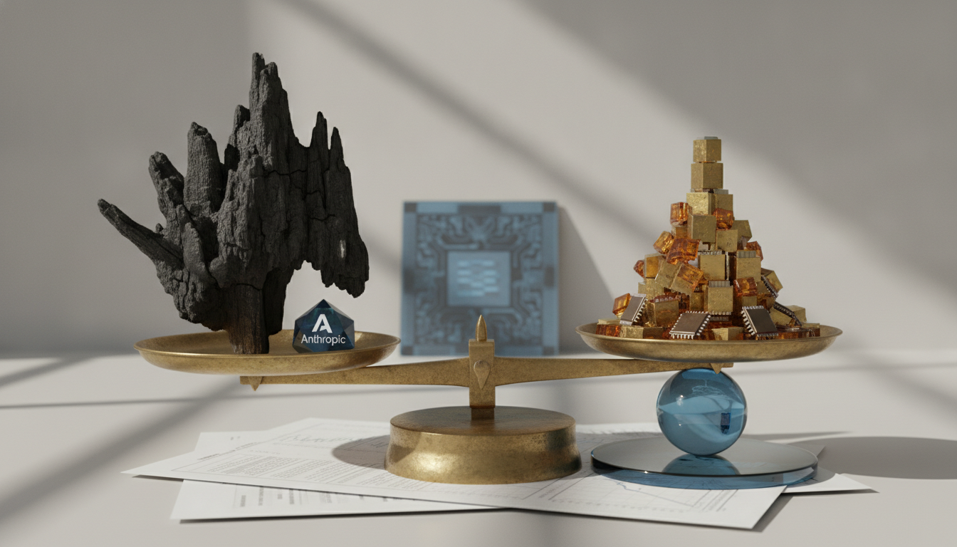 A brass balance scale holds a dark rough stump on one side and stacked gold and amber blocks on the other.