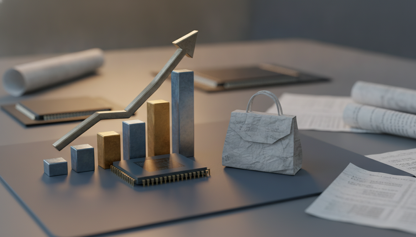 a small bar chart with an upward arrow sits beside a paper bag on a desk with scattered papers