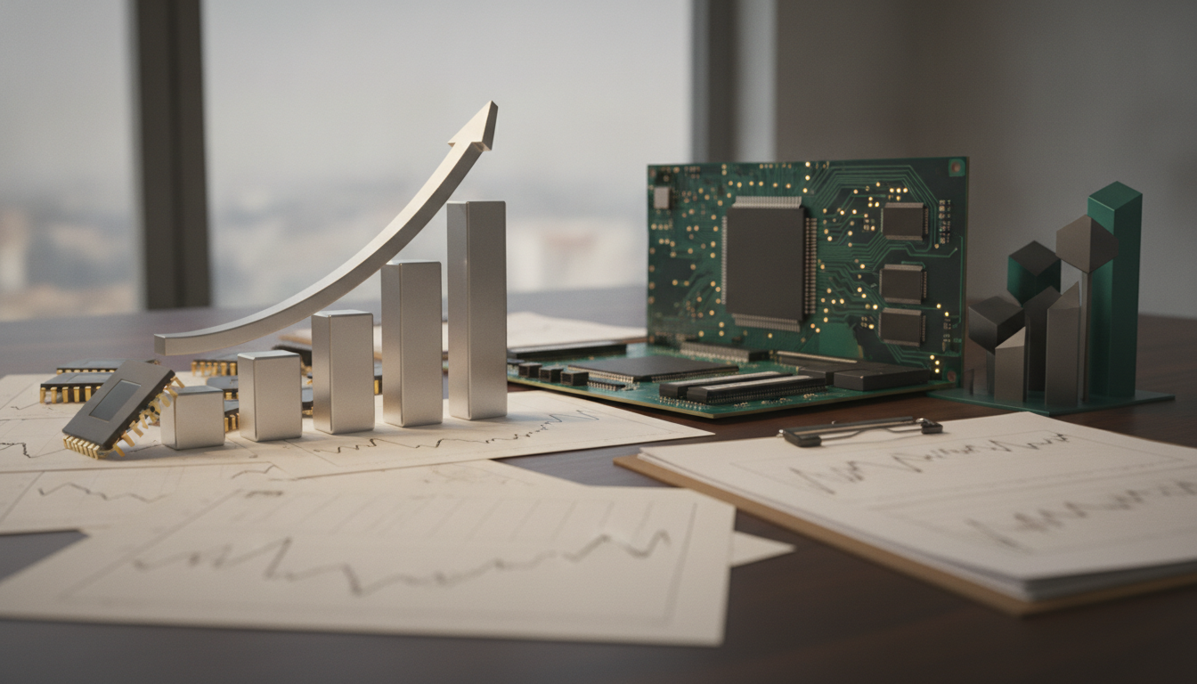 metallic bar charts, an upward arrow, a circuit board, and papers with charts on a desk