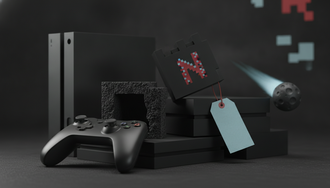 A black game controller rests beside stacked black consoles, a textured cube, a hanging blank tag, and a glowing cratered sphere.