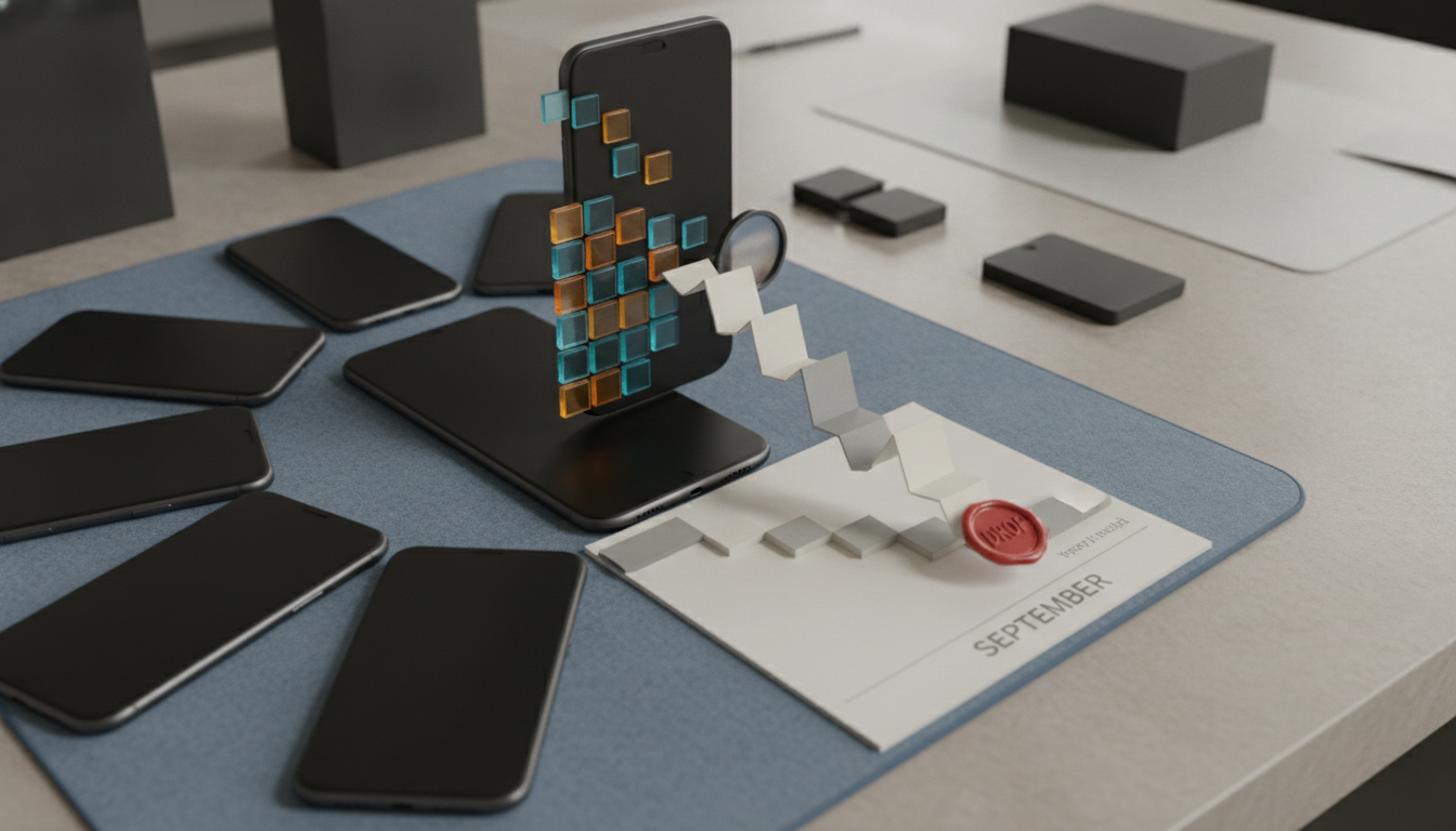Black smartphones arranged around a standing phone with floating colored squares, a zigzag white strip, and a red seal on a calendar page.
