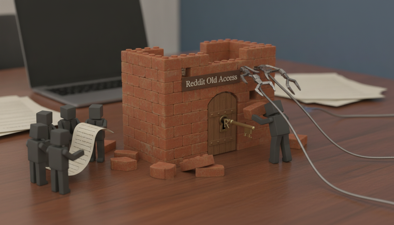 Small block figures surround a brick castle-like structure while metal claws reach over it on a desk near a laptop.