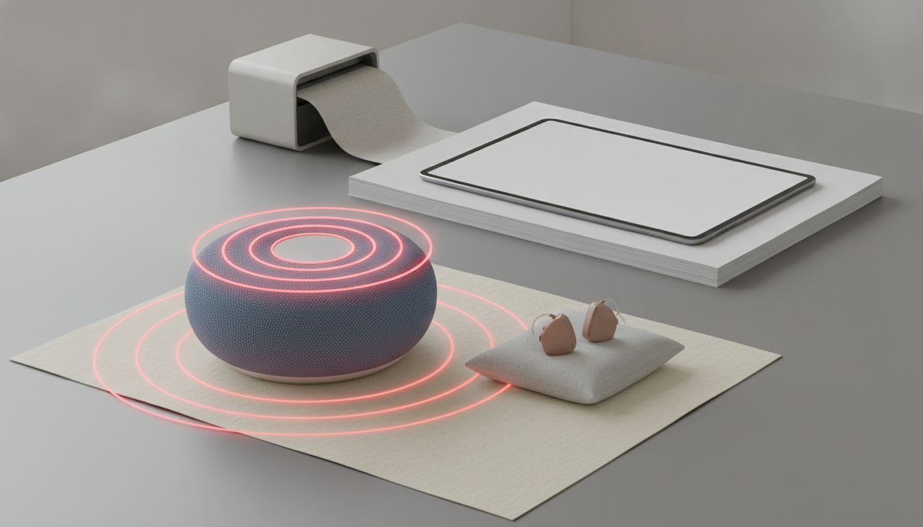 A blue round speaker glows with pink rings on a mat beside a small cushion, with a tissue dispenser and tablet nearby.