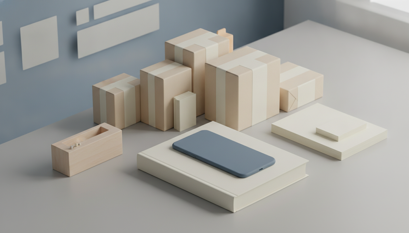 a blue smartphone rests on a thick white book beside small stacked boxes and a wooden tray on a gray surface