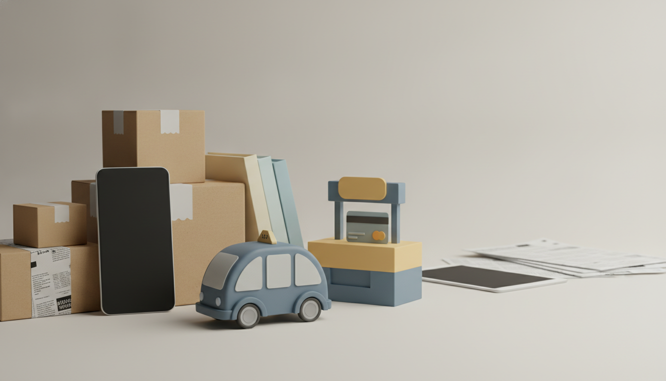 Stacked cardboard boxes beside a blank smartphone, a small toy car, and a toy storefront with papers in the background.
