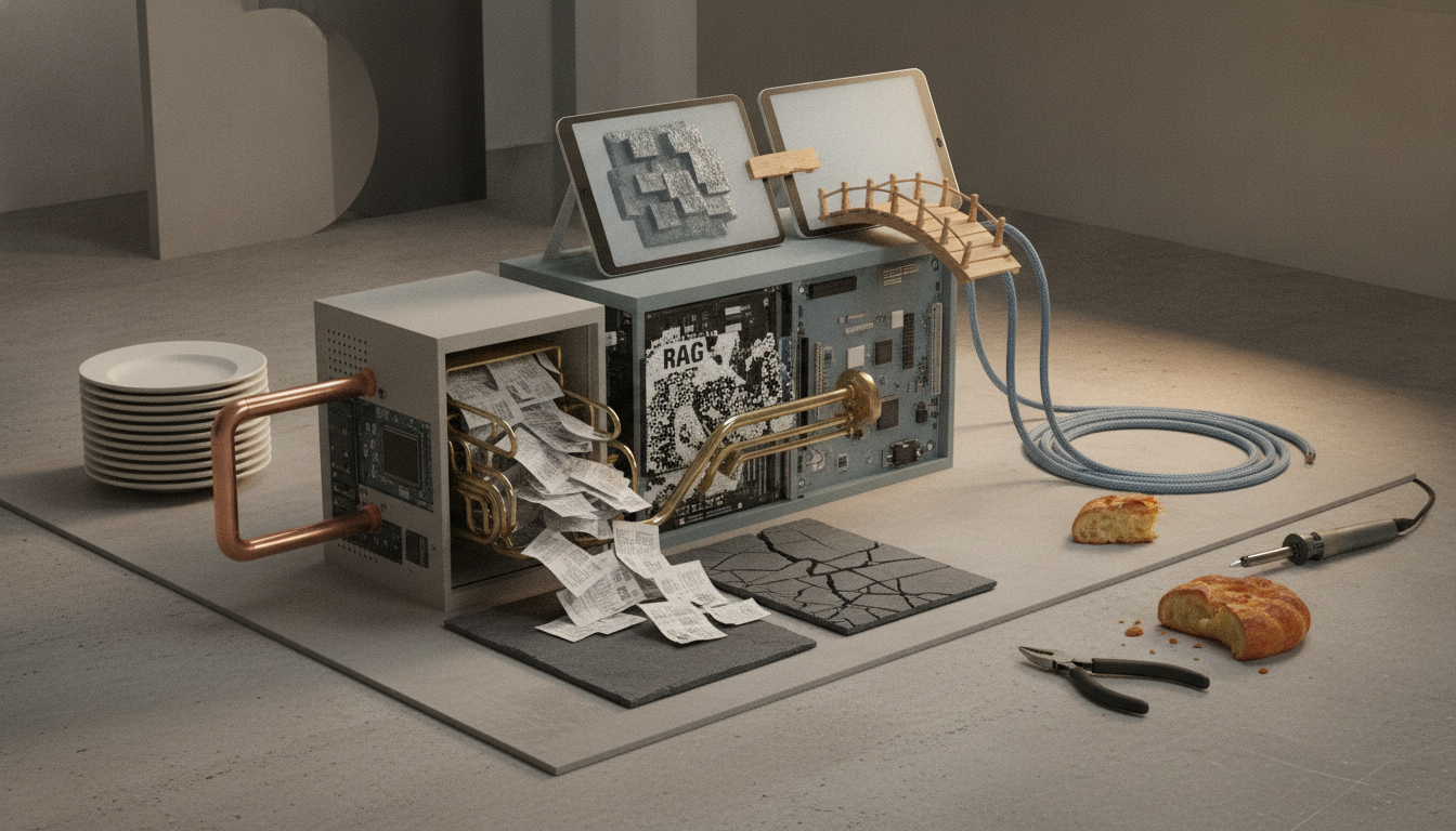 A boxy machine with pipes, papers, plates, coiled cable, bread pieces, tools, and a small bridge-like ramp sits in a sparse room.