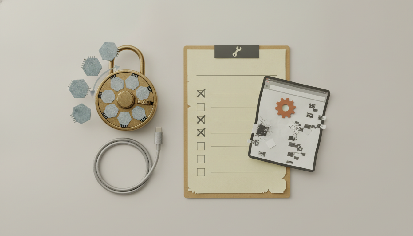 a brass padlock, coiled cable, clipboard, and tilted tablet on a light background