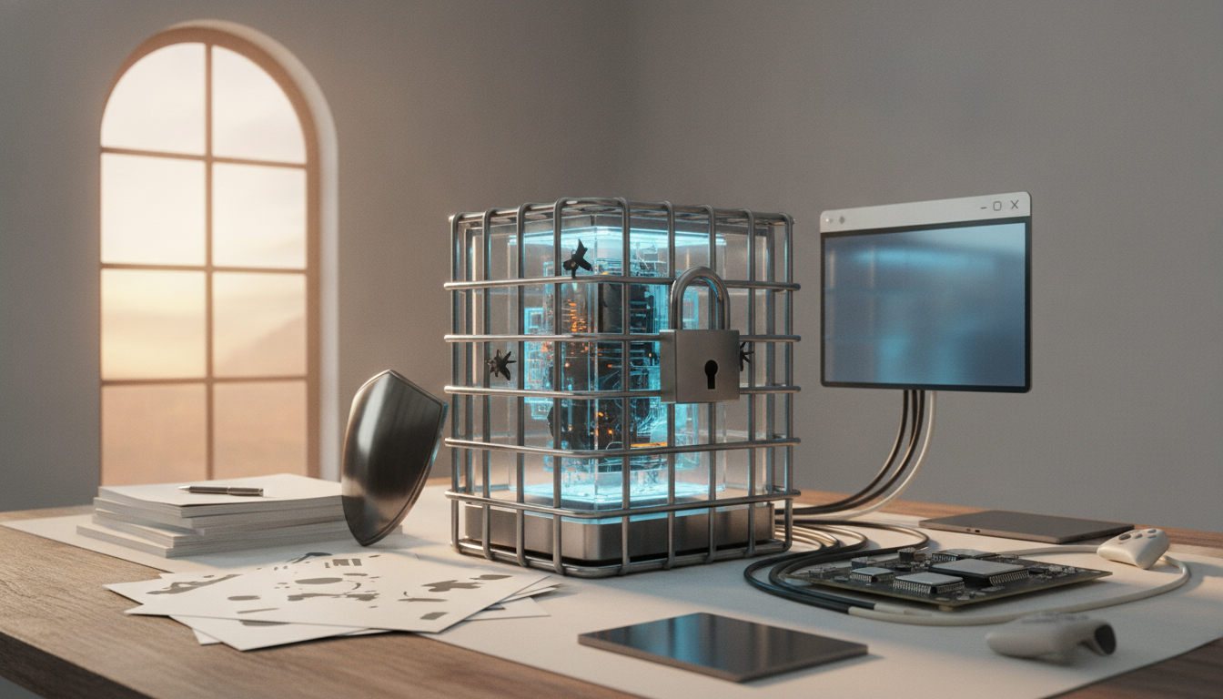 a caged glowing machine sits on a desk beside papers, a monitor, cables, and a large window