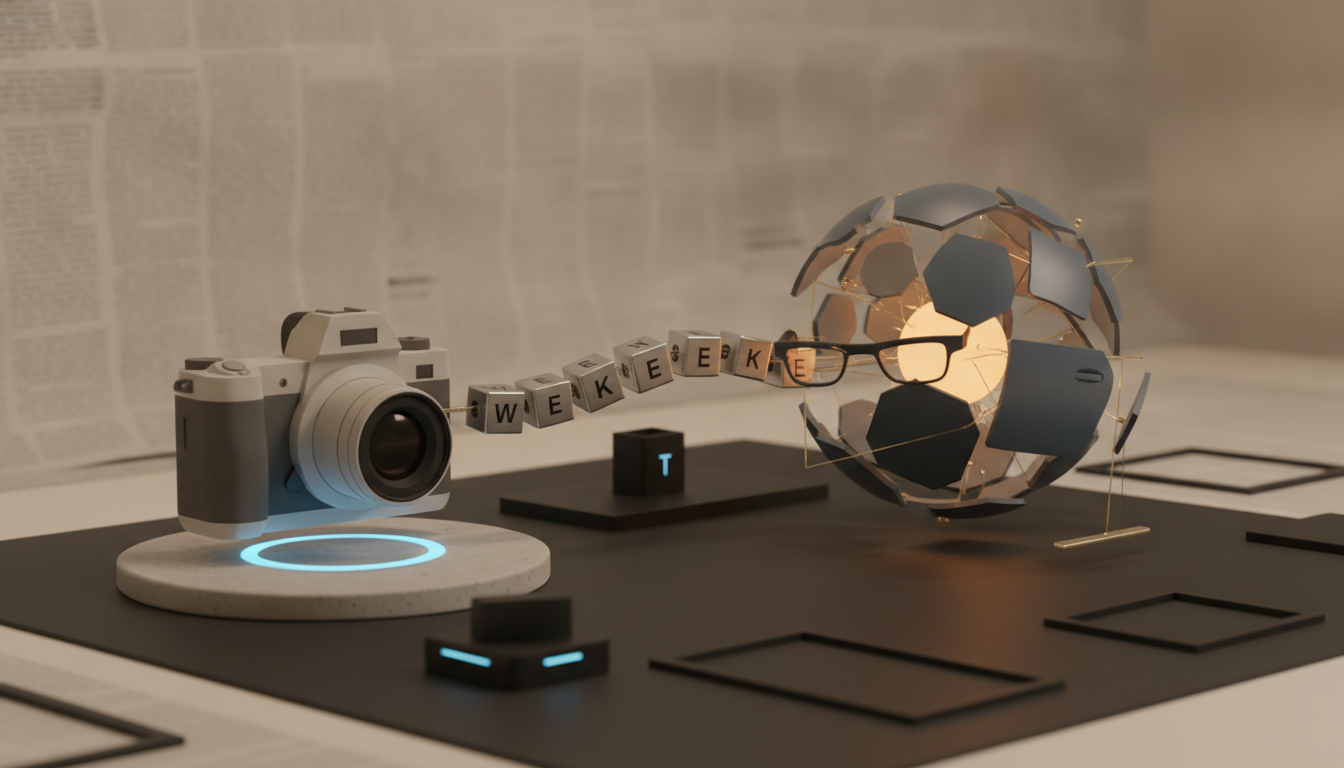a camera sits on a glowing base beside floating letter cubes and a lit spherical object with dark panels