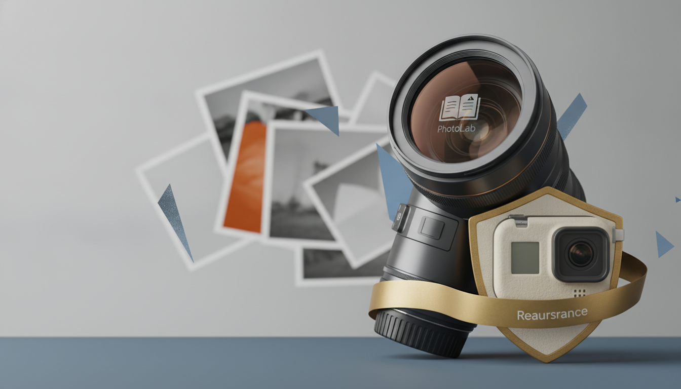 A large camera lens and a small camera badge sit in front of scattered blurred prints on a gray background.