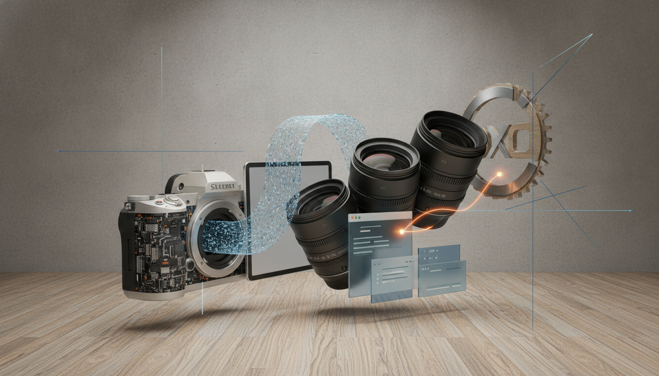camera body, several lenses, floating glass panels, glowing lines, and a gear-like ring over a wooden floor and gray wall
