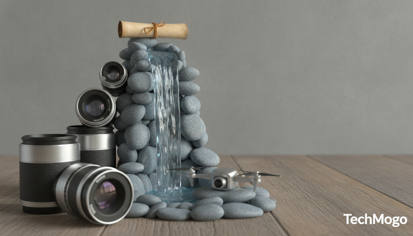 camera lenses and a small drone sit beside a stacked stone waterfall on a wooden surface
