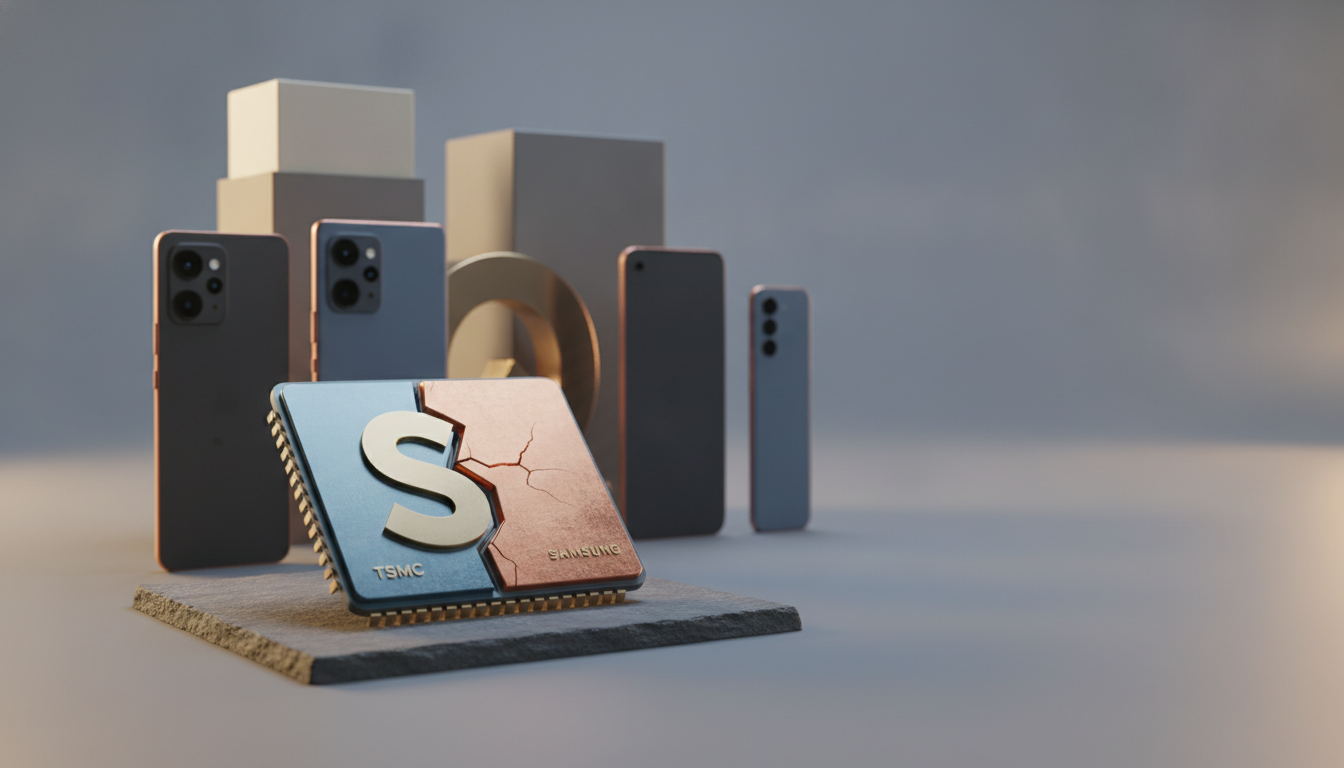 A split blue and copper chip with a large S sits on a stone slab in front of several smartphones and boxes.