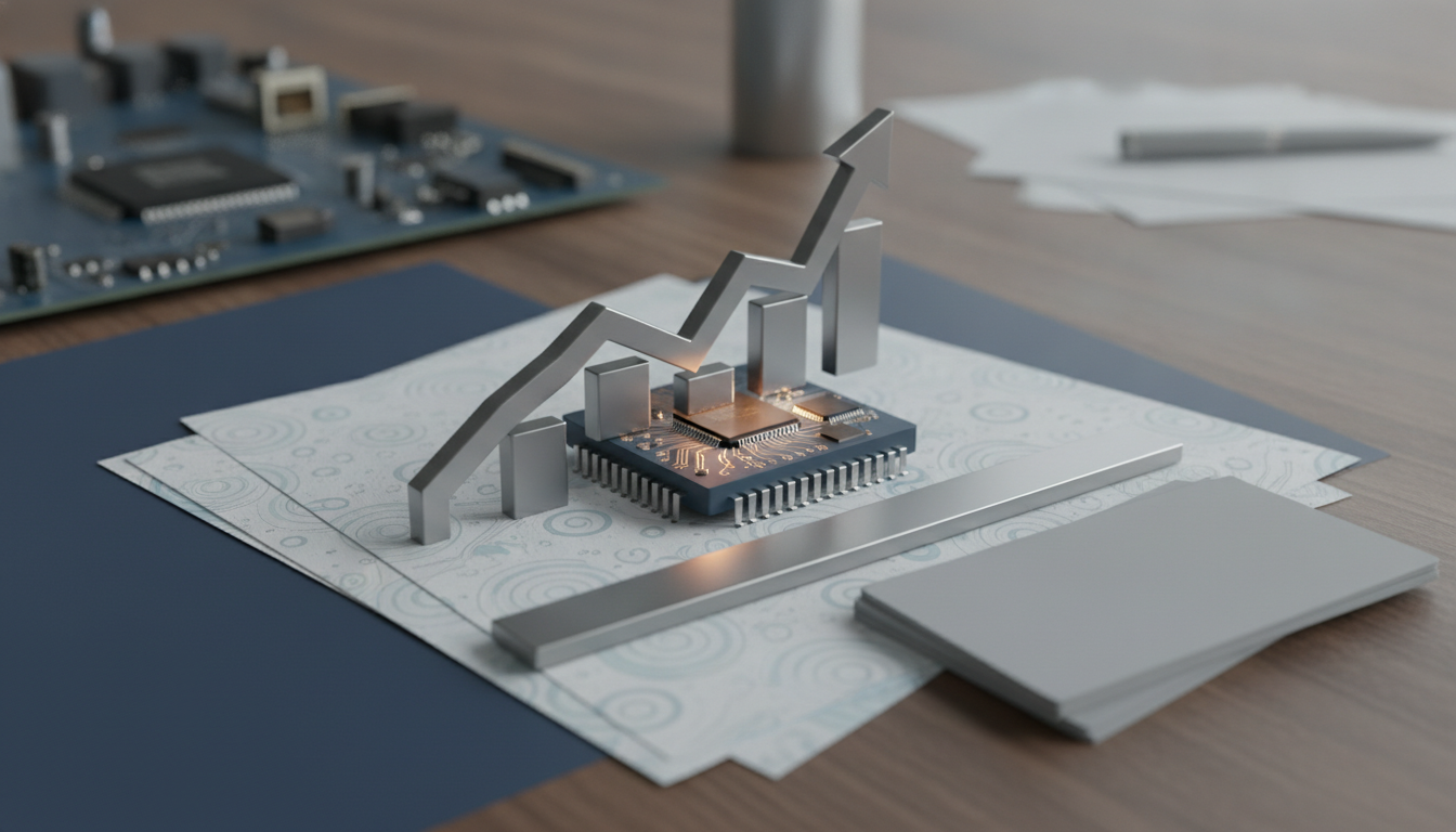 A circuit board on papers supports a rising arrow and bar shapes, with stacked cards beside it on a wooden desk.
