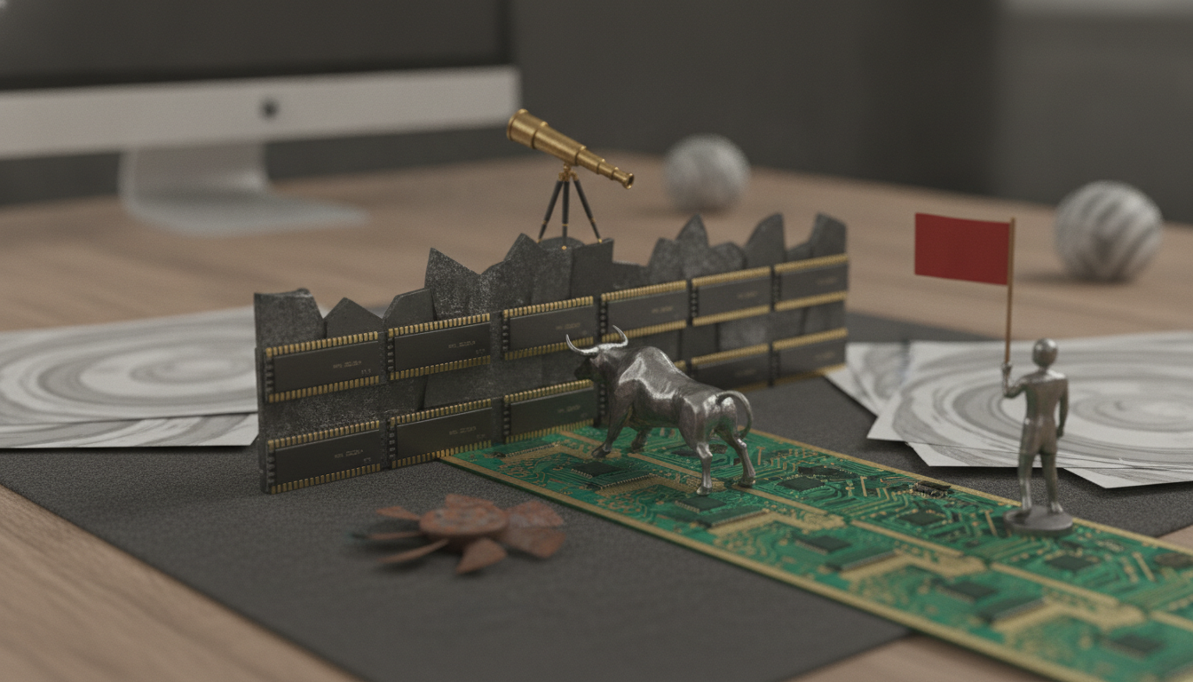 a small metallic bull stands on a green circuit board beside a tiny figure holding a red flag and a telescope model