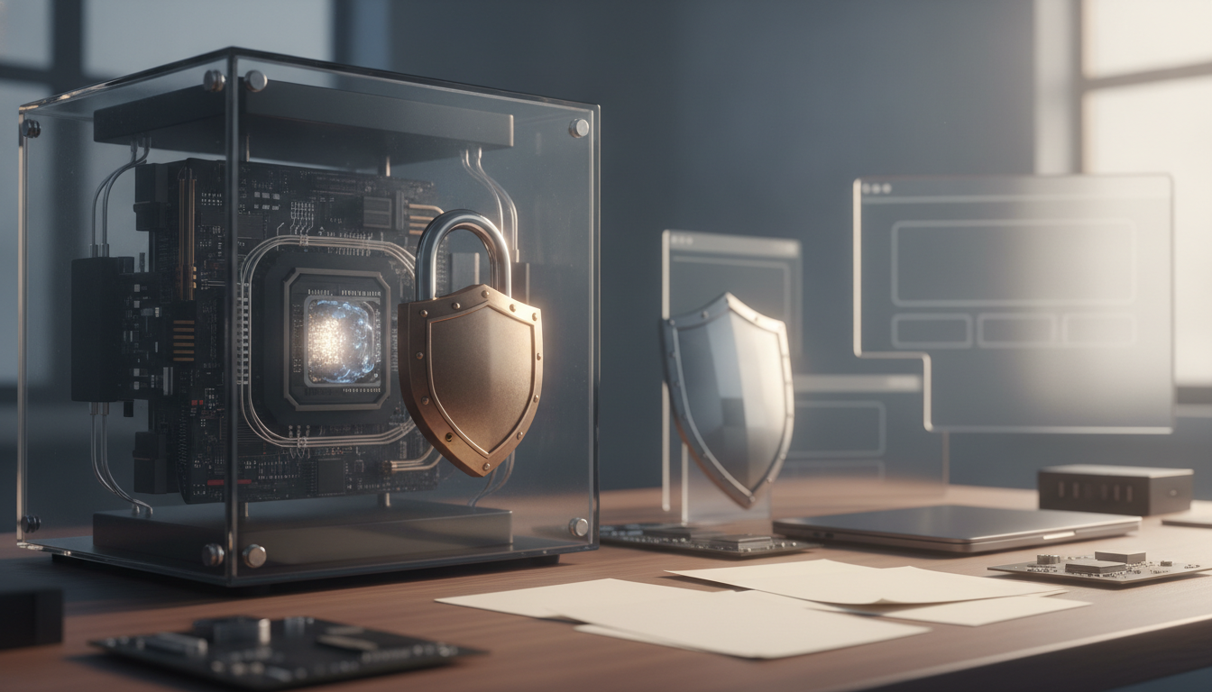 A clear case holds a circuit board with a large padlock beside loose papers on a wooden desk.
