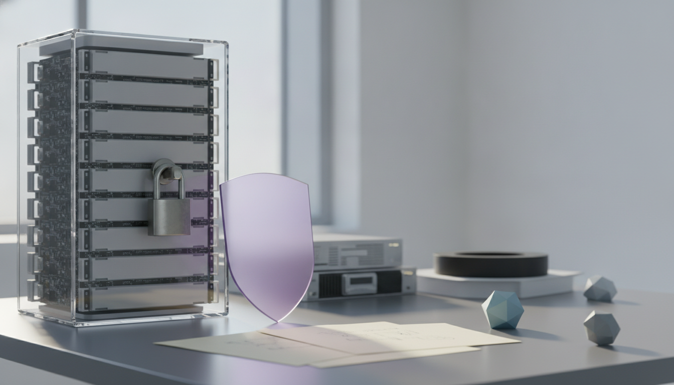 a clear tower with a padlock sits beside a purple shield, papers, stacked devices, and small geometric shapes on a desk