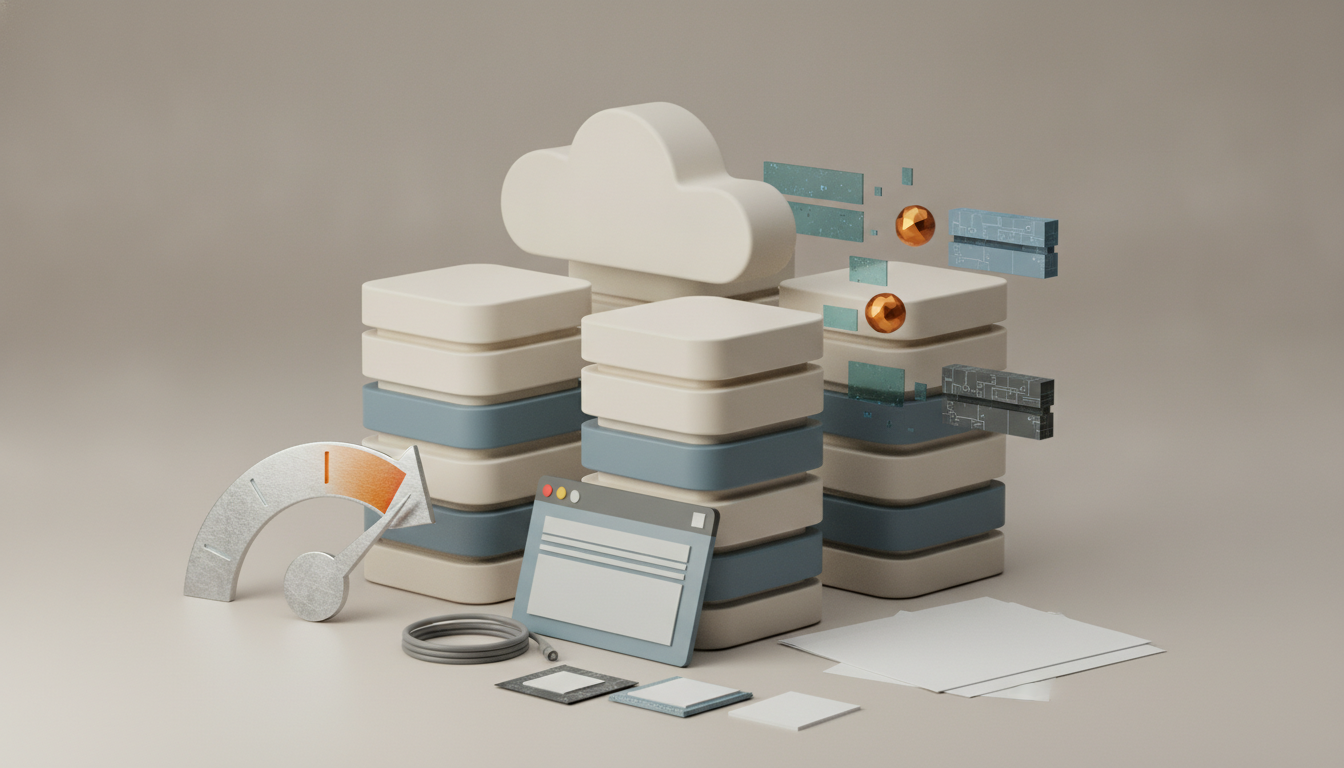 Stacked rounded blocks with a cloud above, a gauge, a small window panel, rings, and loose sheets on a plain background.