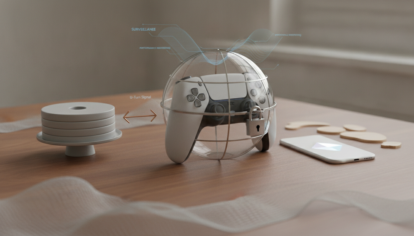 A game controller sits inside a clear sphere beside a stacked disc and a smartphone on a wooden table.