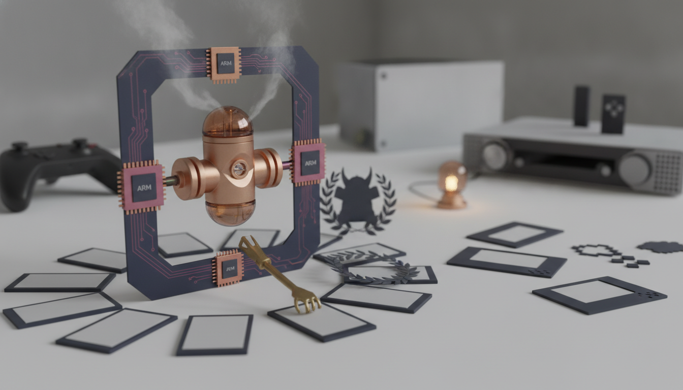 A copper mechanical core stands inside a dark circuit frame with smoke rising, surrounded by scattered cards and small devices.