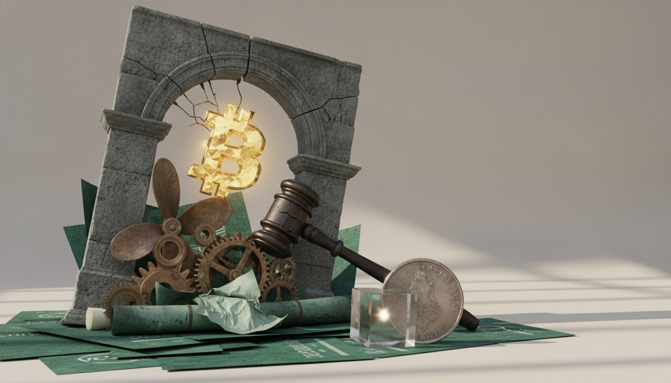 Cracked stone arch surrounds a glowing bitcoin symbol with gears, a gavel, a coin, and a glass cube on green papers.
