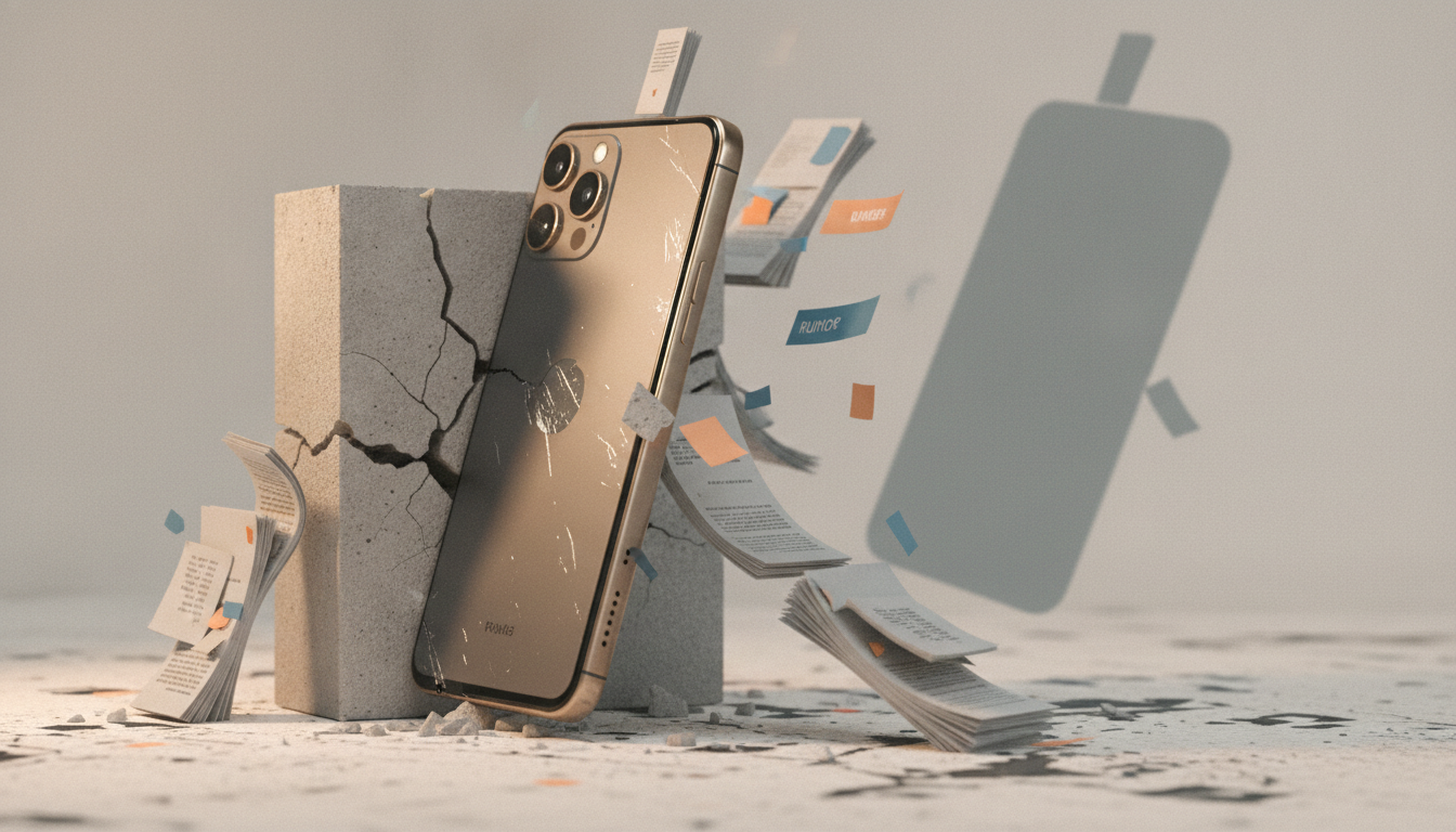 A cracked concrete block leans against a gold smartphone as loose paper pages and colored slips scatter around it.