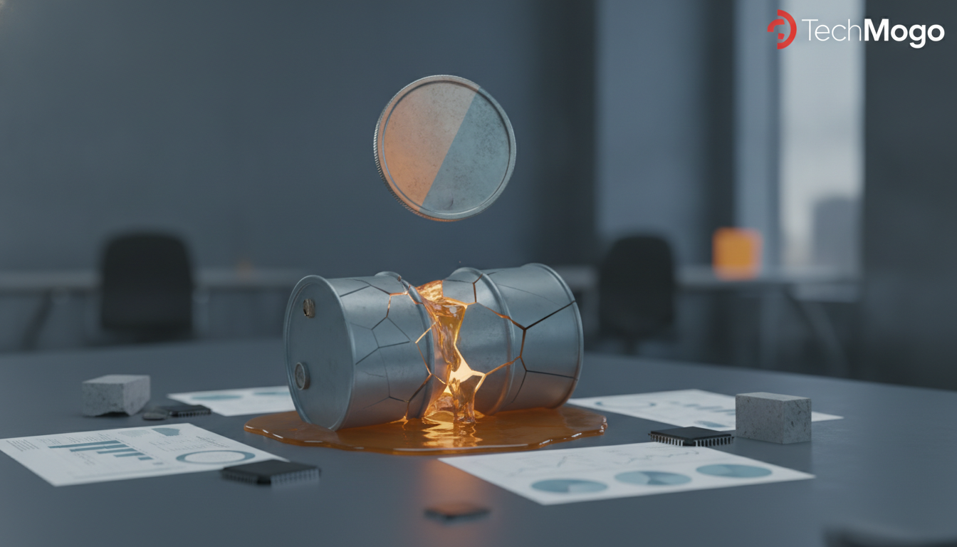 Cracked metal cylinder spills orange liquid onto a table while a coin hovers above it.