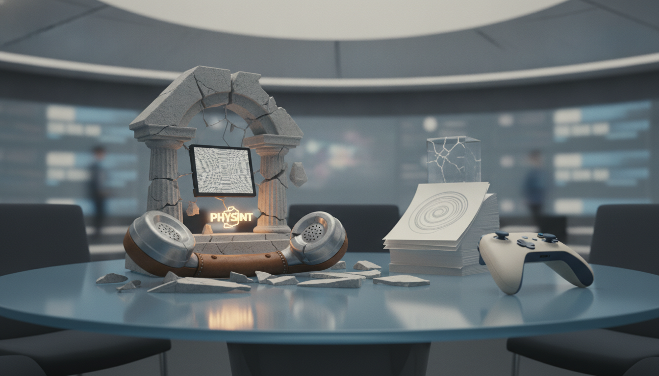 A cracked stone arch, a glowing screen, stacked papers, a broken cylinder, and a game controller sit on a round table.