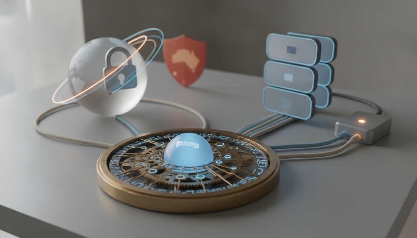 A glowing sphere with a lock icon, a shield, stacked modules, and a round dial are linked by cables on a gray surface.