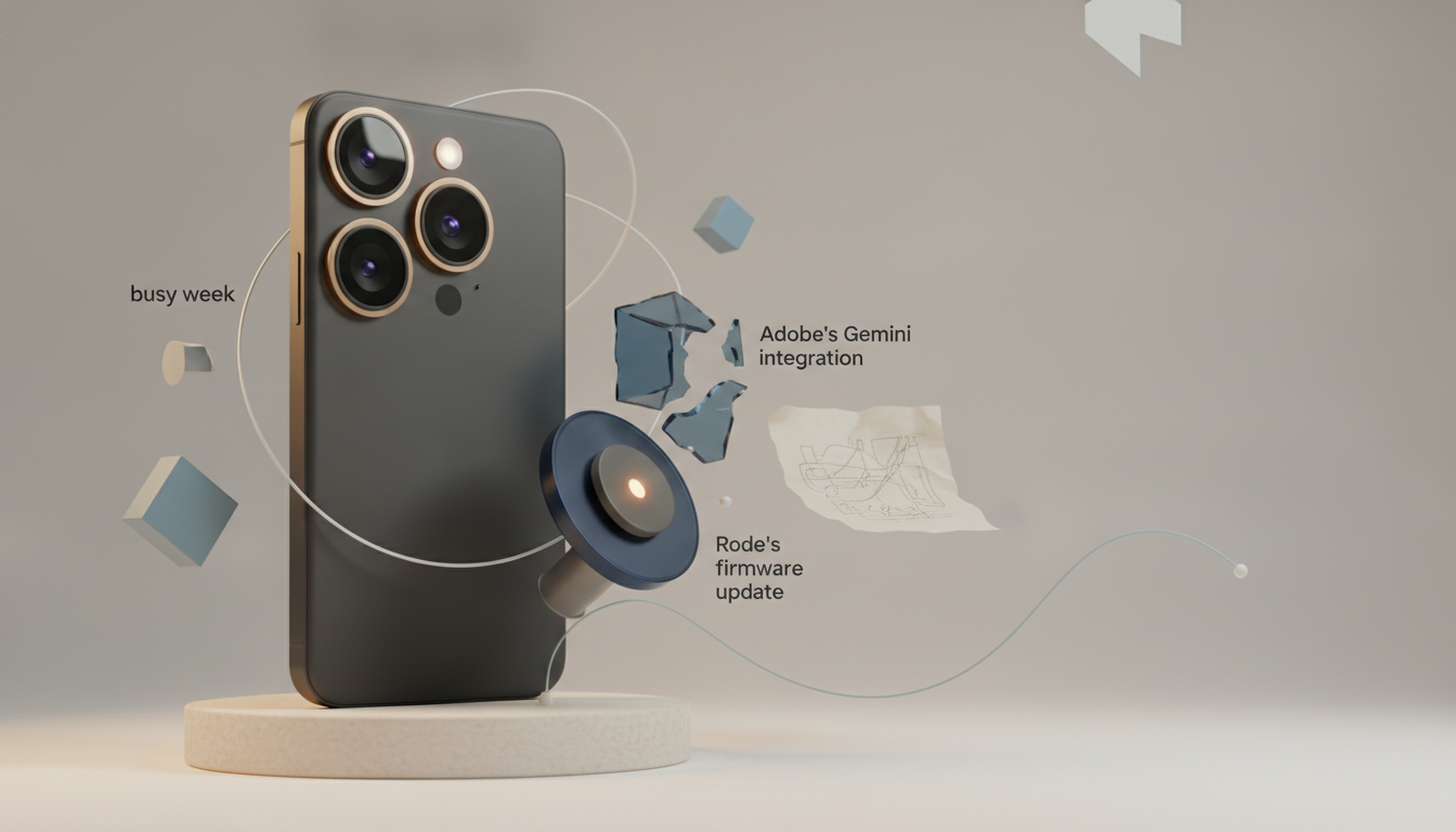A dark smartphone stands on a round pedestal beside a small speaker-like device and floating geometric shapes.