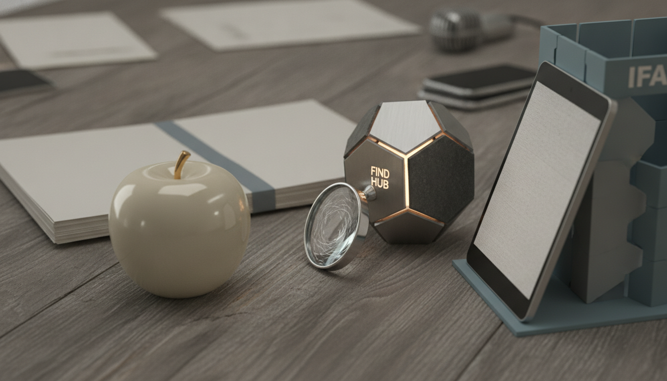 a white apple-shaped object, a faceted black object, a magnifying lens, and a tilted tablet sit on a wooden desk