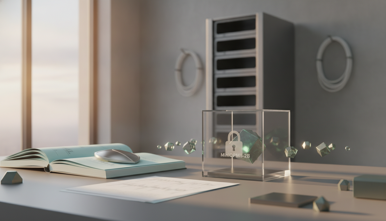 A desk holds an open book, a mouse, and a clear cube with floating geometric shapes in a softly lit room.