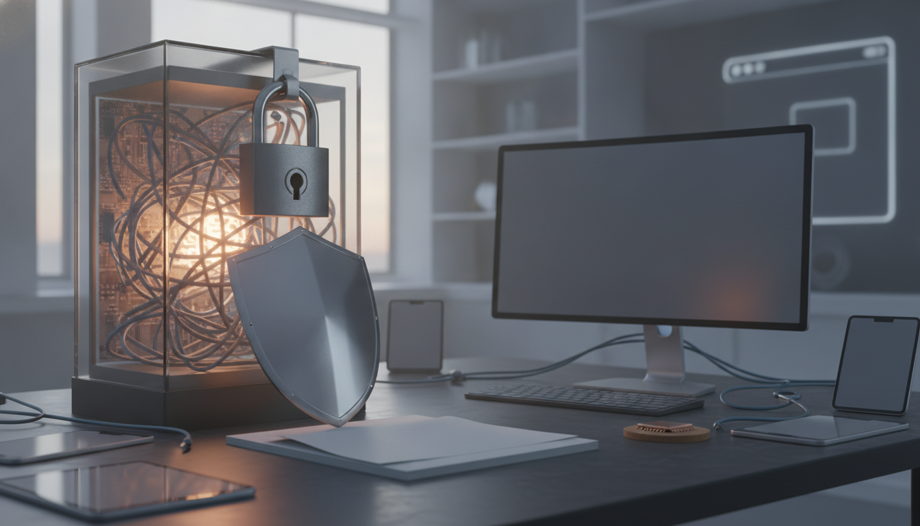 A desk holds a glass case with tangled cables, a padlock, a shield, a blank monitor, a keyboard, and several phones.