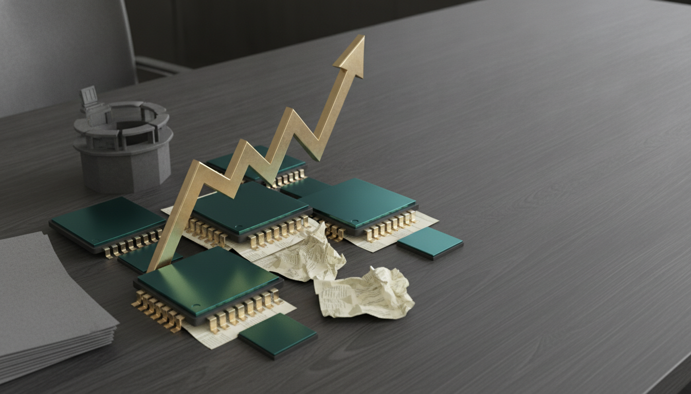 Green circuit-board-like panels sit on a dark desk with a gold zigzag arrow rising upward and crumpled paper nearby.