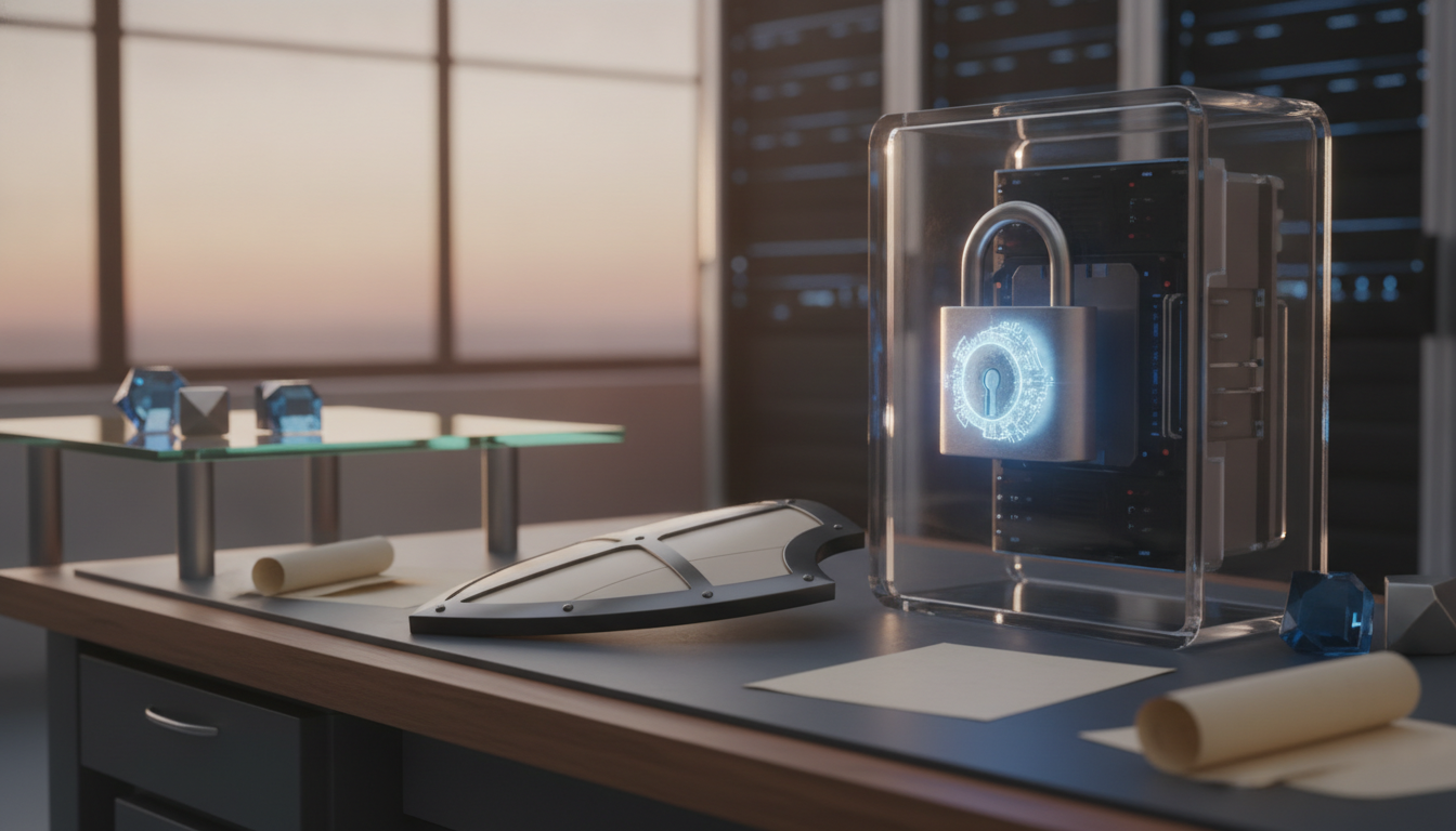 A desk holds a glowing padlock inside a clear case, with papers, rolled sheets, and small blue crystal shapes nearby.