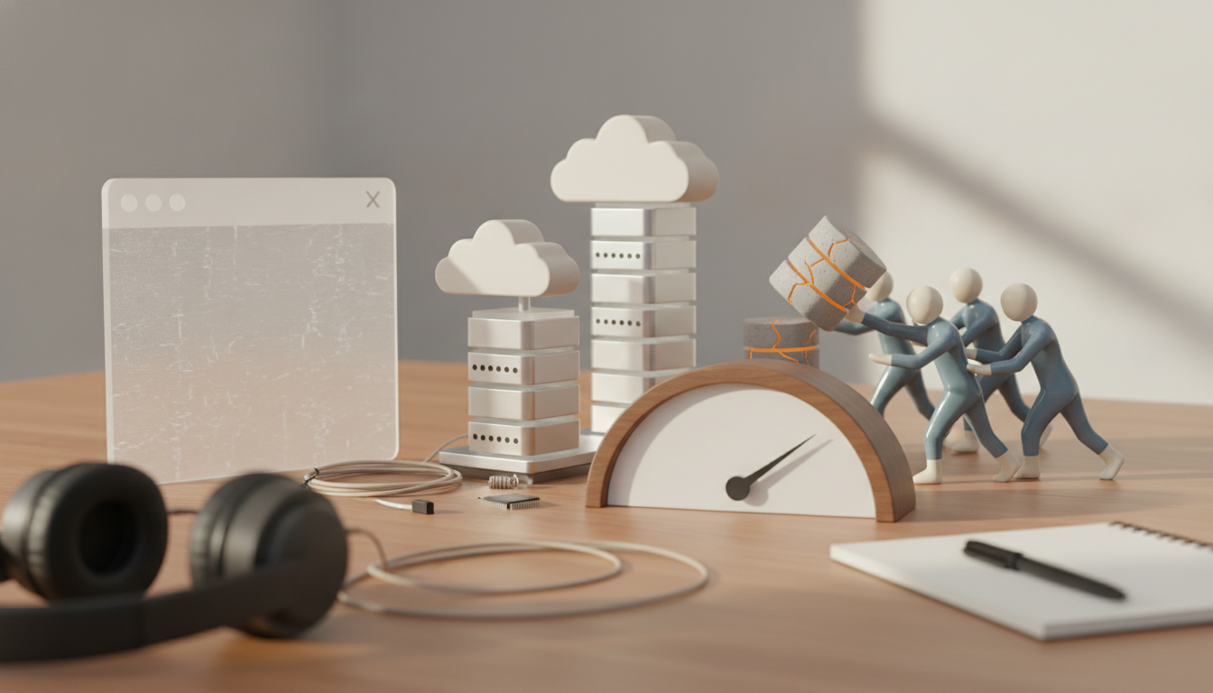 a wooden desk with cloud-topped stacks, small figures moving a block, a gauge, headphones, cables, and a notepad with a pen