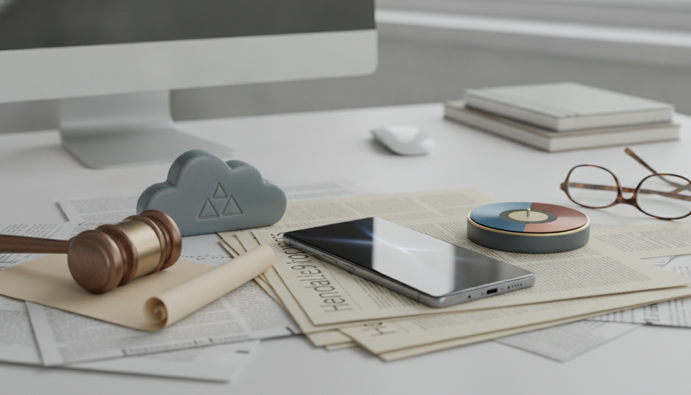 A desk with a gavel, rolled paper, smartphone, cloud ornament, round object, eyeglasses, and stacked books.