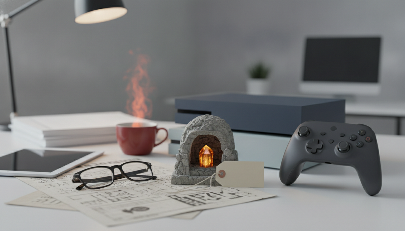 desk with glasses, tablet, papers, mug with steam, small stone arch with glowing fire, game controller, and computer monitor