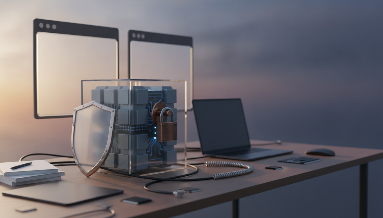 desk with a transparent locked cube, shield, laptop, notebooks, cables, and wall frames