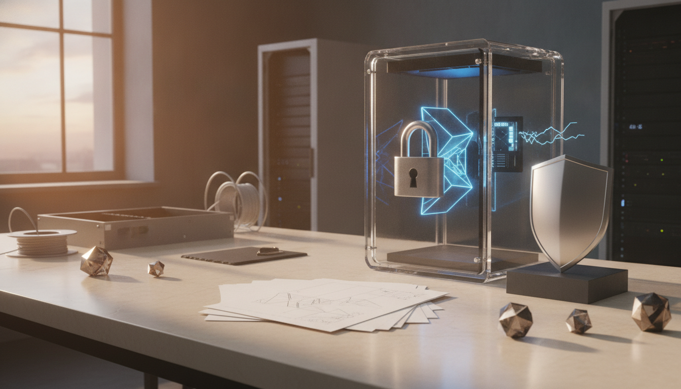 A desk with a clear locked display case, a silver shield, scattered papers, cables, and small metallic geometric objects.