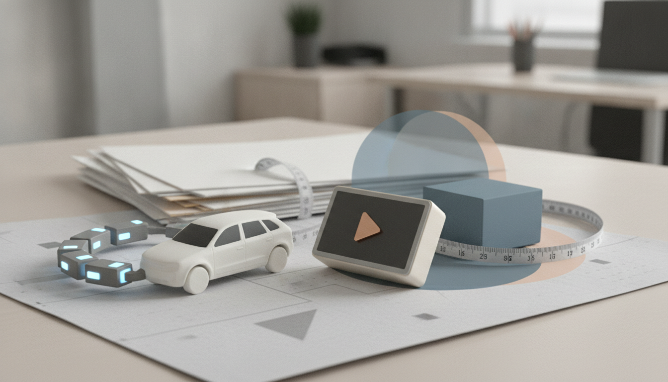 A small white car, glowing cube pieces, a play button screen, a blue block, and a measuring tape sit on a desk with papers.