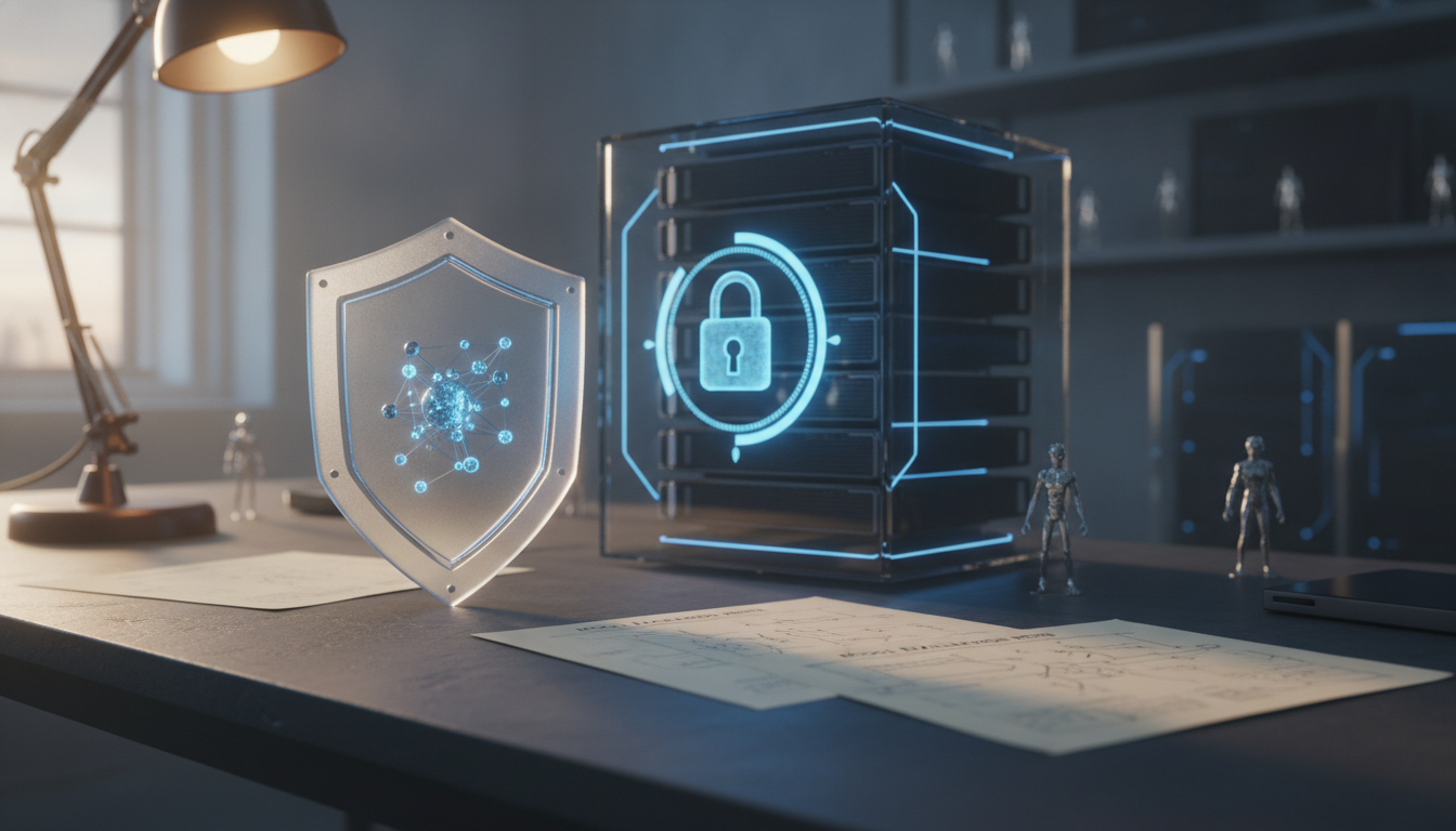 A desk holds a glowing shield display, a transparent server case with a lock icon, papers, small figurines, and a lamp.