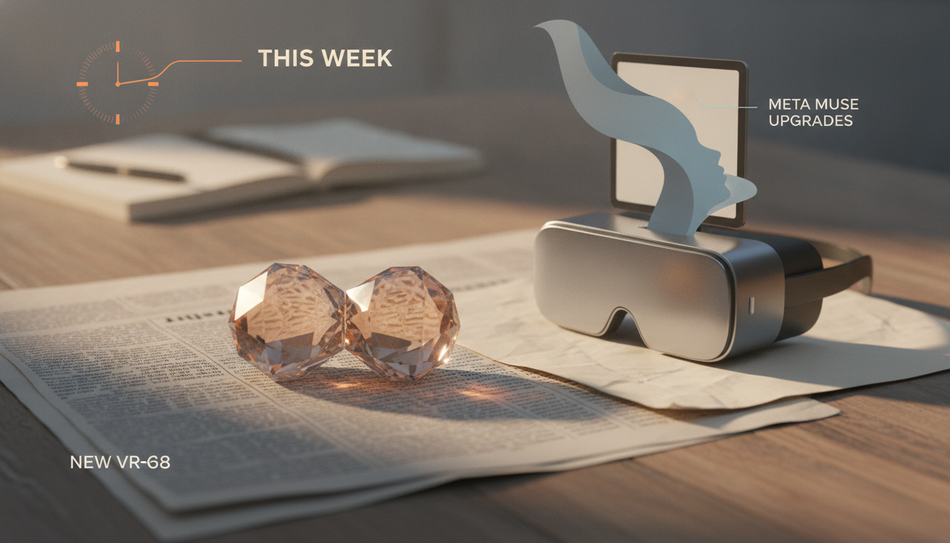 A desk holds a VR headset, two faceted crystal spheres, papers, an open notebook, and a small clock graphic with labels.