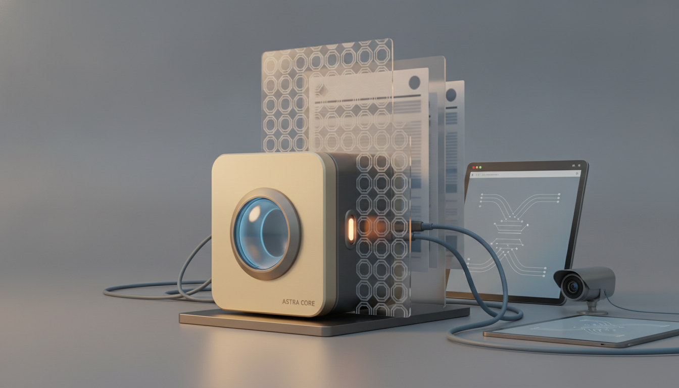 A compact device with a glowing blue lens sits beside translucent panels, a laptop screen, a small camera, and connected cables.