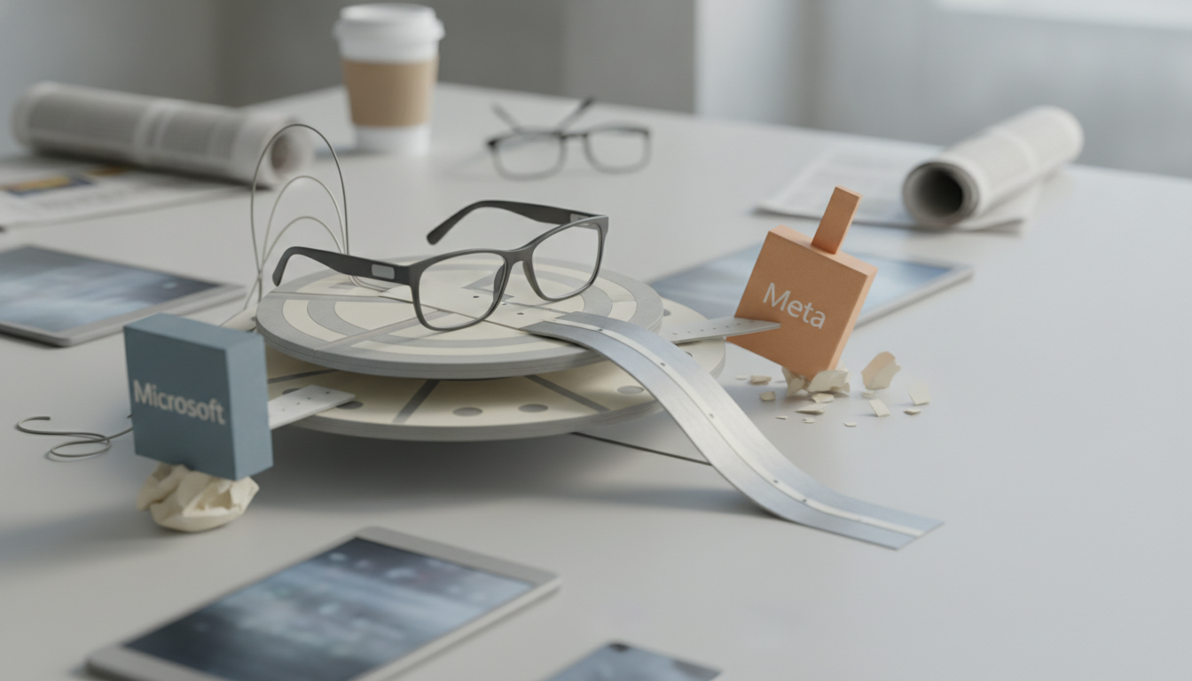 A pair of eyeglasses rests on a circular platform with curved metal strips, beside blocks labeled Microsoft and Meta on a white table.